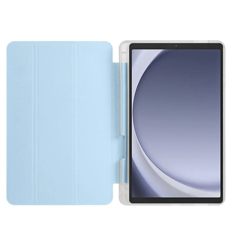 For Samsung Galaxy Tab A9+ Tablet Case Clear Back Tri-fold Leather Cover with Pen Slot