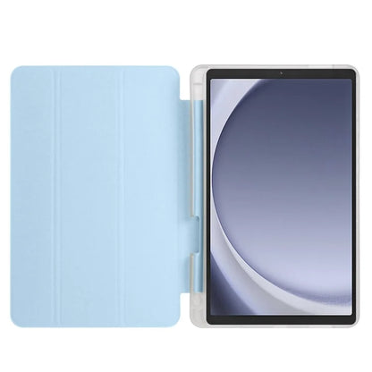 For Samsung Galaxy Tab A9+ Tablet Case Clear Back Tri-fold Leather Cover with Pen Slot