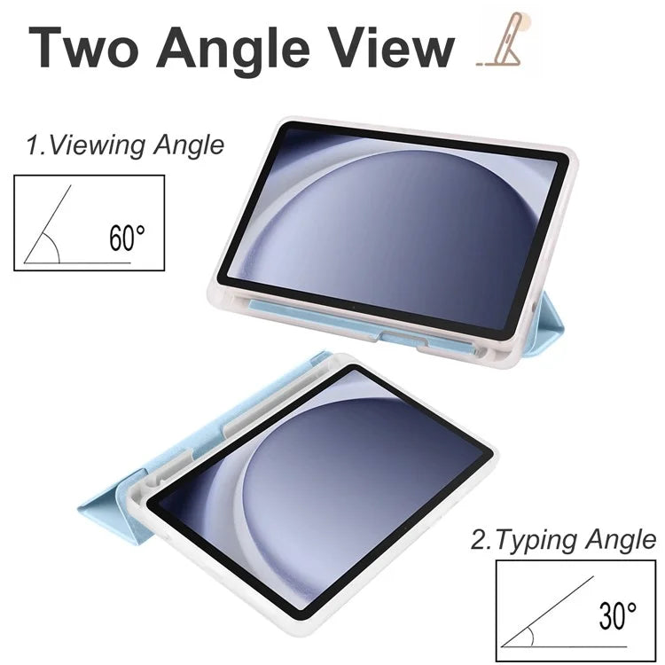 For Samsung Galaxy Tab A9+ Tablet Case Clear Back Tri-fold Leather Cover with Pen Slot