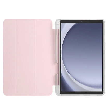 For Samsung Galaxy Tab A9+ Tablet Case Clear Back Tri-fold Leather Cover with Pen Slot