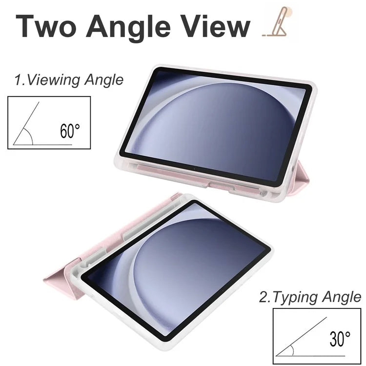 For Samsung Galaxy Tab A9+ Tablet Case Clear Back Tri-fold Leather Cover with Pen Slot