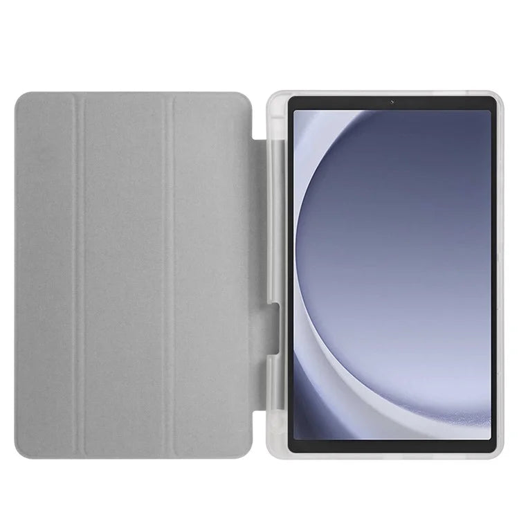 For Samsung Galaxy Tab A9+ Tablet Case Clear Back Tri-fold Leather Cover with Pen Slot