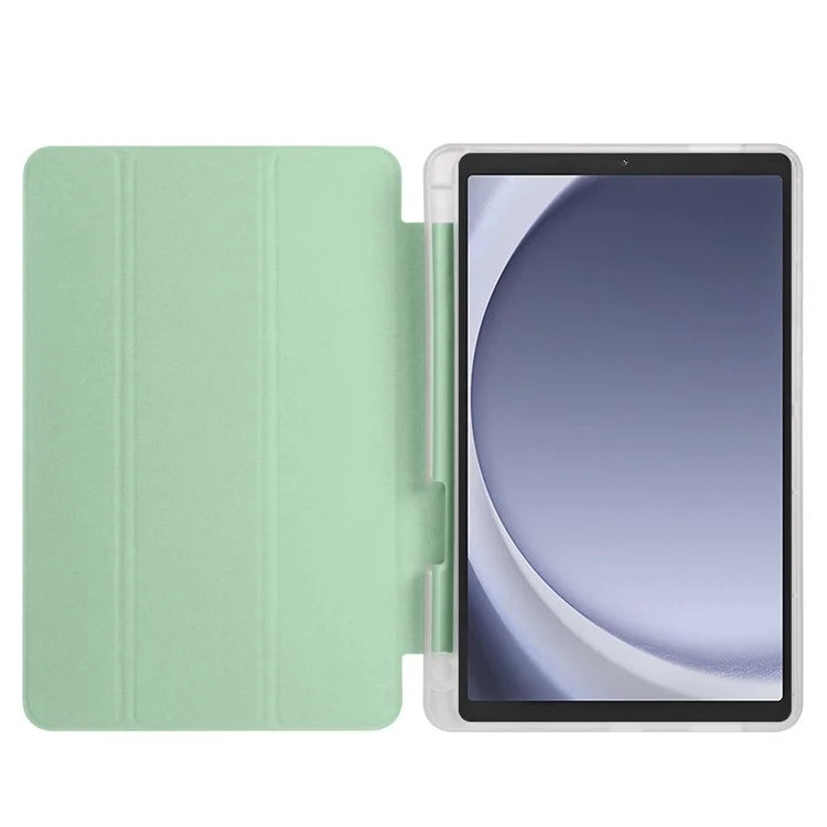 For Samsung Galaxy Tab A9+ Tablet Case Clear Back Tri-fold Leather Cover with Pen Slot