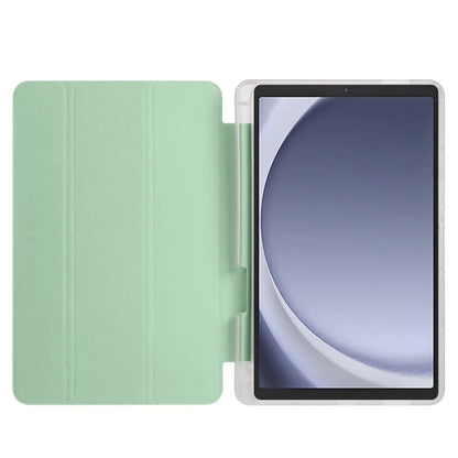 For Samsung Galaxy Tab A9+ Tablet Case Clear Back Tri-fold Leather Cover with Pen Slot