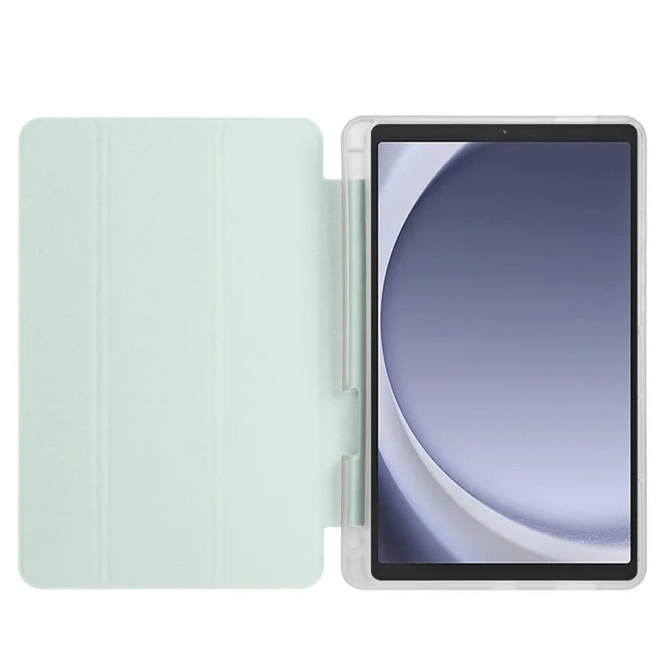 For Samsung Galaxy Tab A9+ Tablet Case Clear Back Tri-fold Leather Cover with Pen Slot
