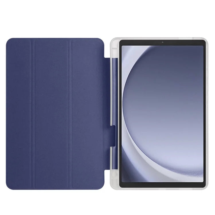 For Samsung Galaxy Tab A9+ Tablet Case Clear Back Tri-fold Leather Cover with Pen Slot