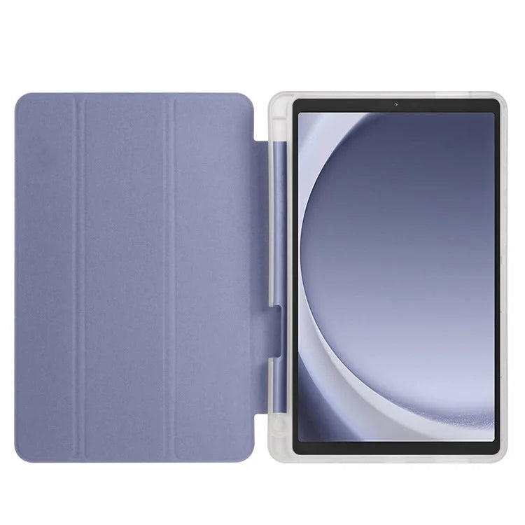 For Samsung Galaxy Tab A9+ Tablet Case Clear Back Tri-fold Leather Cover with Pen Slot