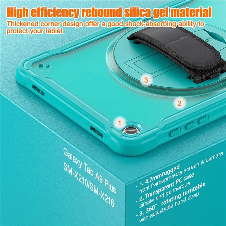 For Samsung Galaxy Tab A9+ Tablet Case PC+TPU Cover Rotary Kickstand Hand Strap