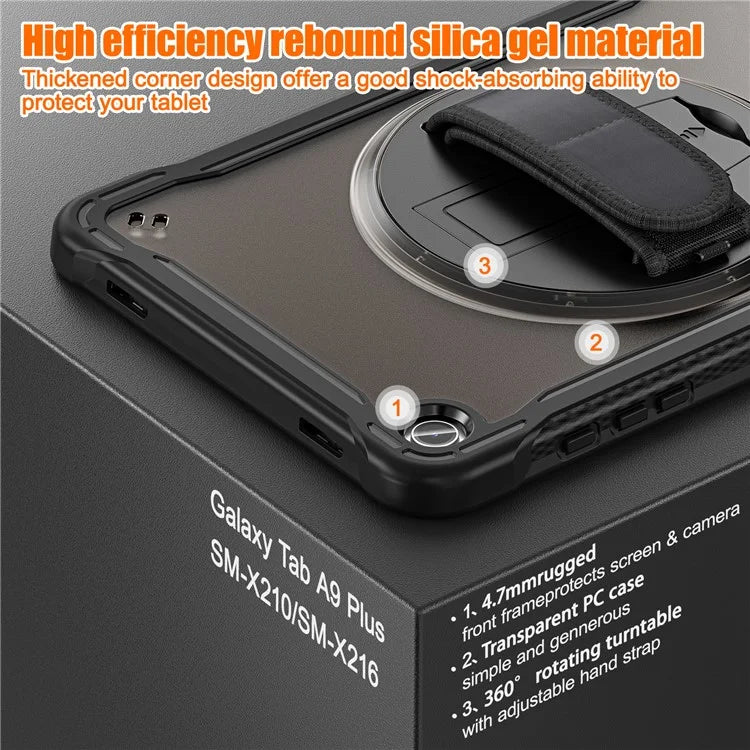 For Samsung Galaxy Tab A9+ Tablet Case PC+TPU Cover Rotary Kickstand Hand Strap