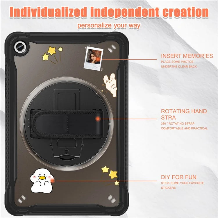 For Samsung Galaxy Tab A9+ Tablet Case PC+TPU Cover Rotary Kickstand Hand Strap
