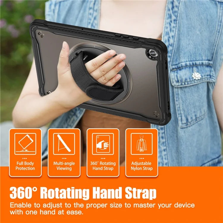 For Samsung Galaxy Tab A9+ Tablet Case PC+TPU Cover Rotary Kickstand Hand Strap