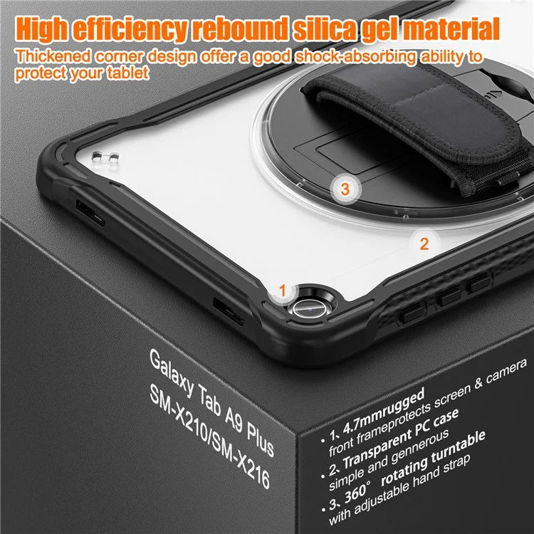 For Samsung Galaxy Tab A9+ Tablet Case PC+TPU Cover Rotary Kickstand Hand Strap