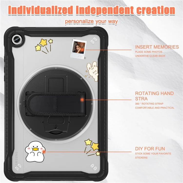 For Samsung Galaxy Tab A9+ Tablet Case PC+TPU Cover Rotary Kickstand Hand Strap