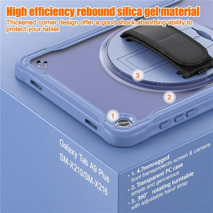 For Samsung Galaxy Tab A9+ Tablet Case PC+TPU Cover Rotary Kickstand Hand Strap