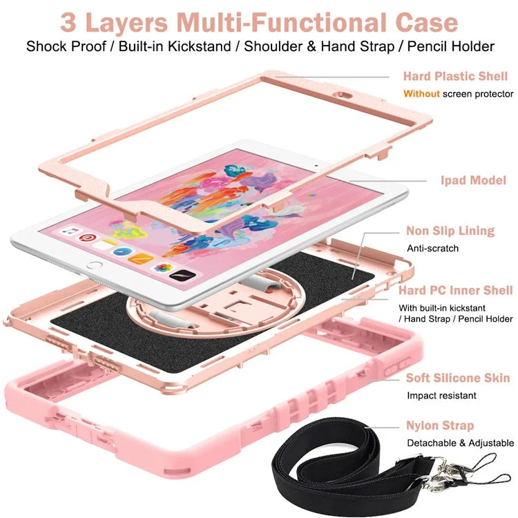 For iPad 9.7-inch (2017) / (2018) Tablet Case Anti-drop Kickstand Cover with Shoulder Strap