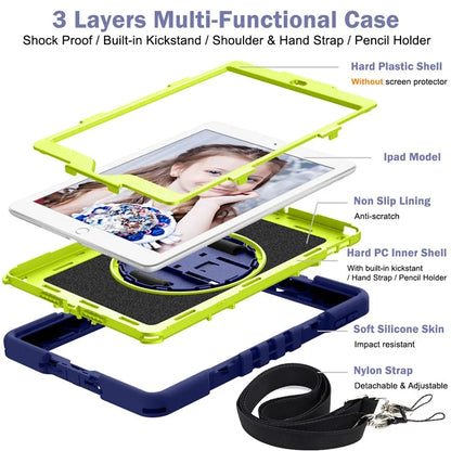 For iPad 9.7-inch (2017) / (2018) Tablet Case Anti-drop Kickstand Cover with Shoulder Strap