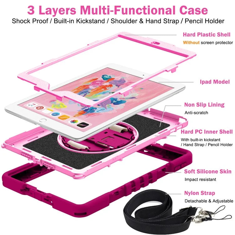 For iPad 9.7-inch (2017) / (2018) Tablet Case Anti-drop Kickstand Cover with Shoulder Strap