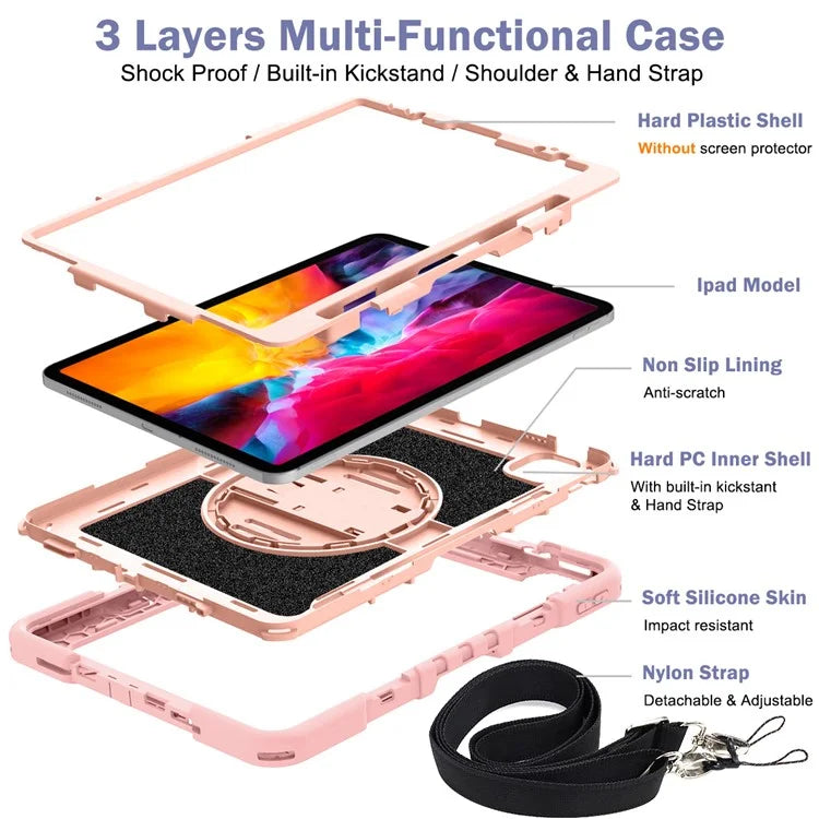For iPad Air (2020) / (2022) / iPad Pro 11 (2018) / (2020) / (2021) / (2022) Tablet Kickstand Case with Shoulder Strap