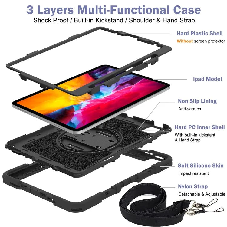 For iPad Air (2020) / (2022) / iPad Pro 11 (2018) / (2020) / (2021) / (2022) Tablet Kickstand Case with Shoulder Strap