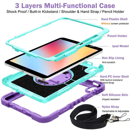 For iPad 10.2 (2021) / (2020) / (2019) Kickstand Case Tablet Cover with Shoulder Strap