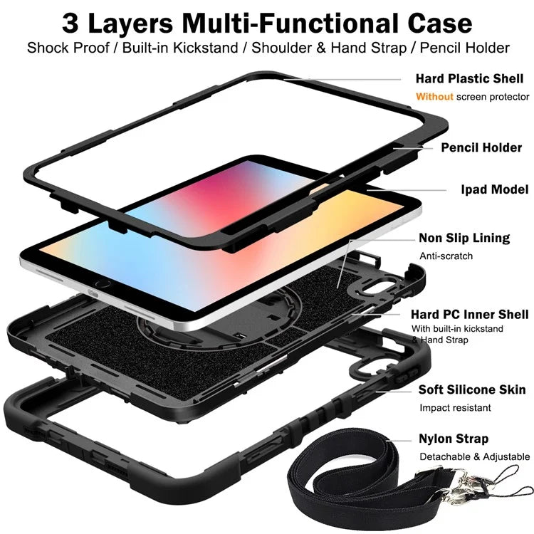 For iPad 10.2 (2021) / (2020) / (2019) Kickstand Case Tablet Cover with Shoulder Strap