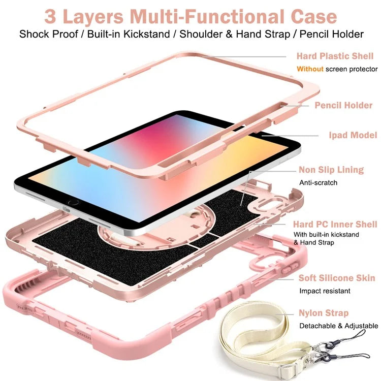 For iPad 10.2 (2021) / (2020) / (2019) Kickstand Case Tablet Cover with Shoulder Strap