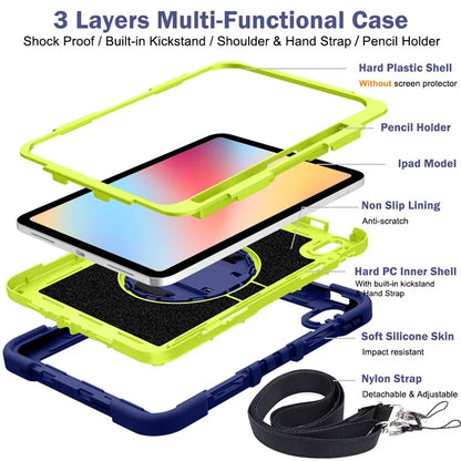 For iPad 10.9 (2022) Case Kickstand Anti-drop Tablet Cover with Shoulder Strap