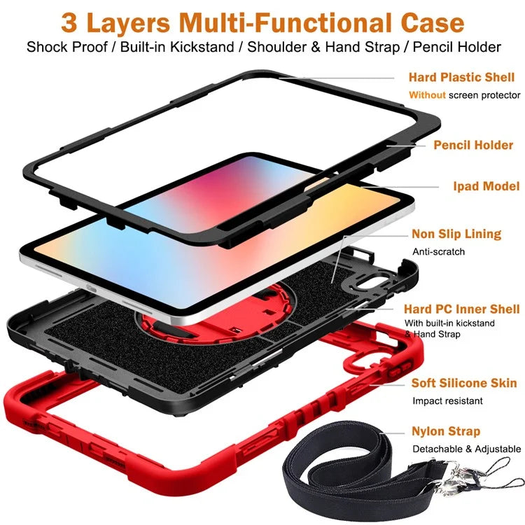 For iPad 10.9 (2022) Case Kickstand Anti-drop Tablet Cover with Shoulder Strap