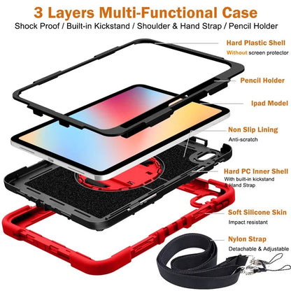 For iPad 10.9 (2022) Case Kickstand Anti-drop Tablet Cover with Shoulder Strap