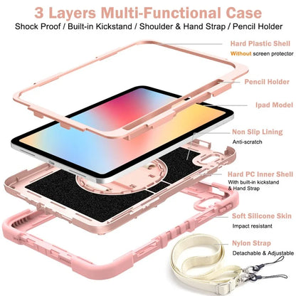 For iPad 10.9 (2022) Case Kickstand Anti-drop Tablet Cover with Shoulder Strap