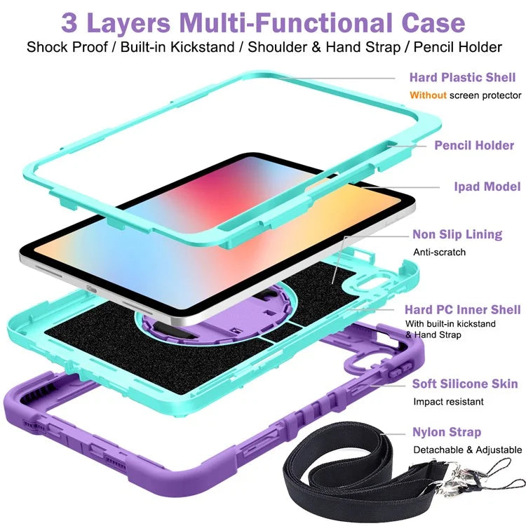 For iPad 10.9 (2022) Case Kickstand Anti-drop Tablet Cover with Shoulder Strap