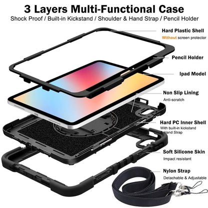 For iPad 10.9 (2022) Case Kickstand Anti-drop Tablet Cover with Shoulder Strap