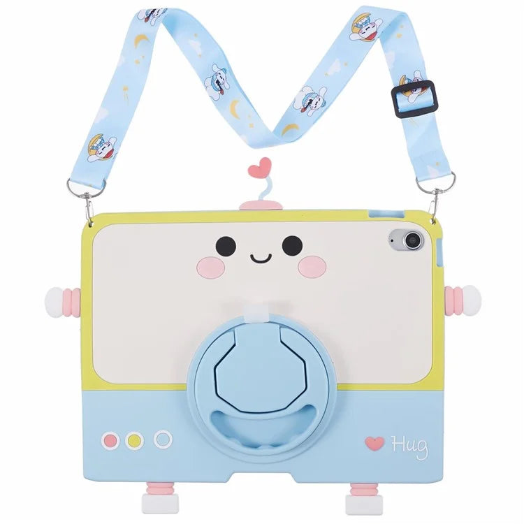 For iPad 10.9 (2022) Silicone Case Robot Style PC Kickstand Tablet Cover with Lanyard
