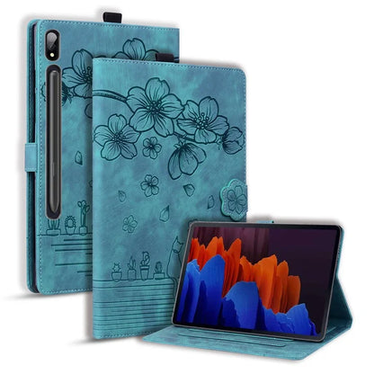 For Samsung Galaxy Tab S9 FE+ Leather Tablet Case Flower Cat Pattern Card Slots Cover