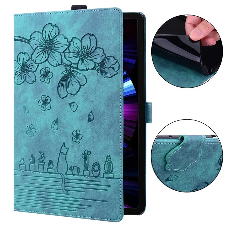 For Samsung Galaxy Tab S9 FE+ Leather Tablet Case Flower Cat Pattern Card Slots Cover