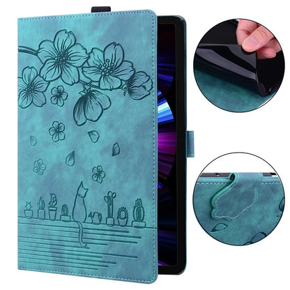 For Samsung Galaxy Tab S9 FE+ Leather Tablet Case Flower Cat Pattern Card Slots Cover