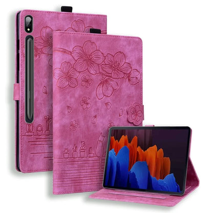 For Samsung Galaxy Tab S9 FE+ Leather Tablet Case Flower Cat Pattern Card Slots Cover