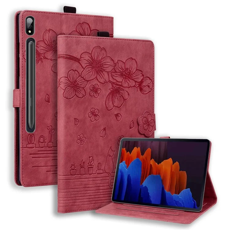 For Samsung Galaxy Tab S9 FE+ Leather Tablet Case Flower Cat Pattern Card Slots Cover