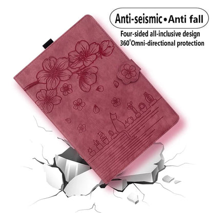 For Samsung Galaxy Tab S9 FE+ Leather Tablet Case Flower Cat Pattern Card Slots Cover
