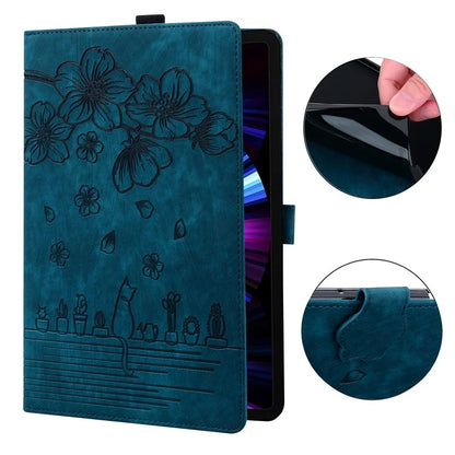 For Samsung Galaxy Tab S9 FE+ Leather Tablet Case Flower Cat Pattern Card Slots Cover