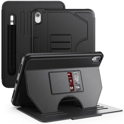 For iPad 10.9 (2022) A2696 Case with Card Holder, 5-Level Adjustable Stand Pen Slot Tablet Flip Cover