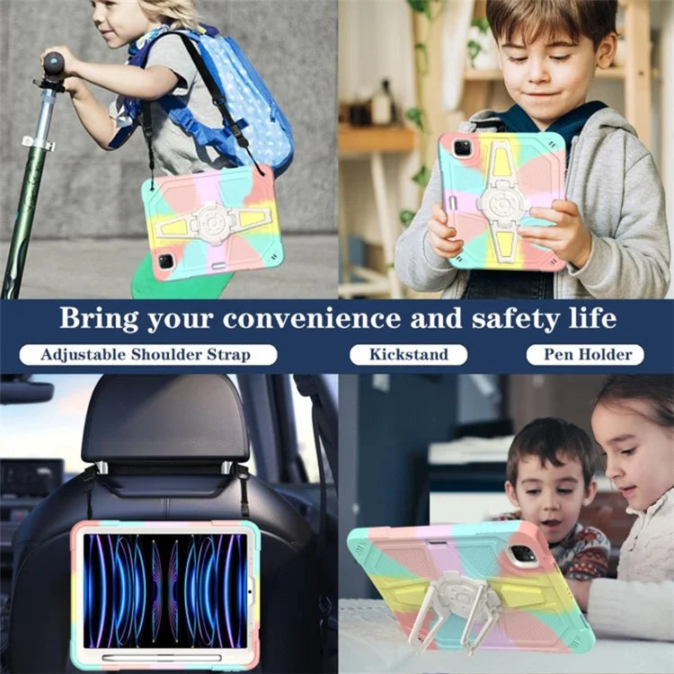 For iPad Air (2020) / (2022) / iPad Pro 11 (2020) / (2021) / (2022) Case PC+Silicone Kickstand Cover with Shoulder Strap