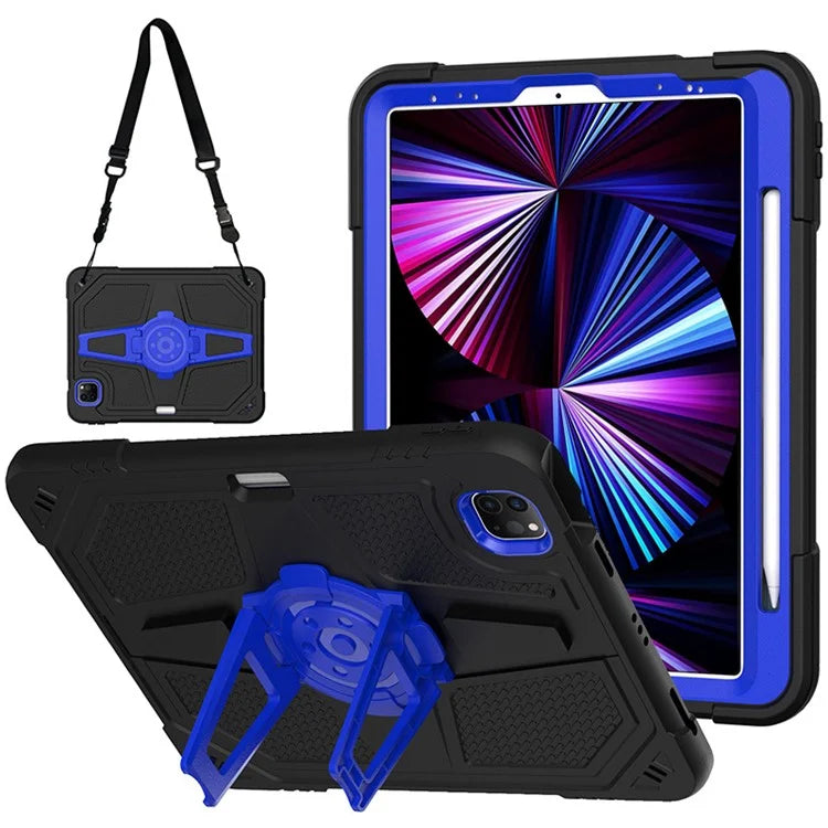 For iPad Air (2020) / (2022) / iPad Pro 11 (2020) / (2021) / (2022) Case PC+Silicone Kickstand Cover with Shoulder Strap+Blue