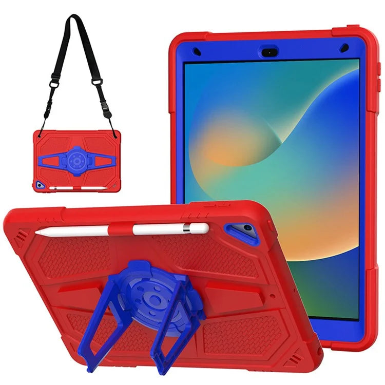 For iPad 10.2 (2021) / (2020) / (2019) Tablet Case with Shoulder Strap Kickstand PC+Silicone Cover