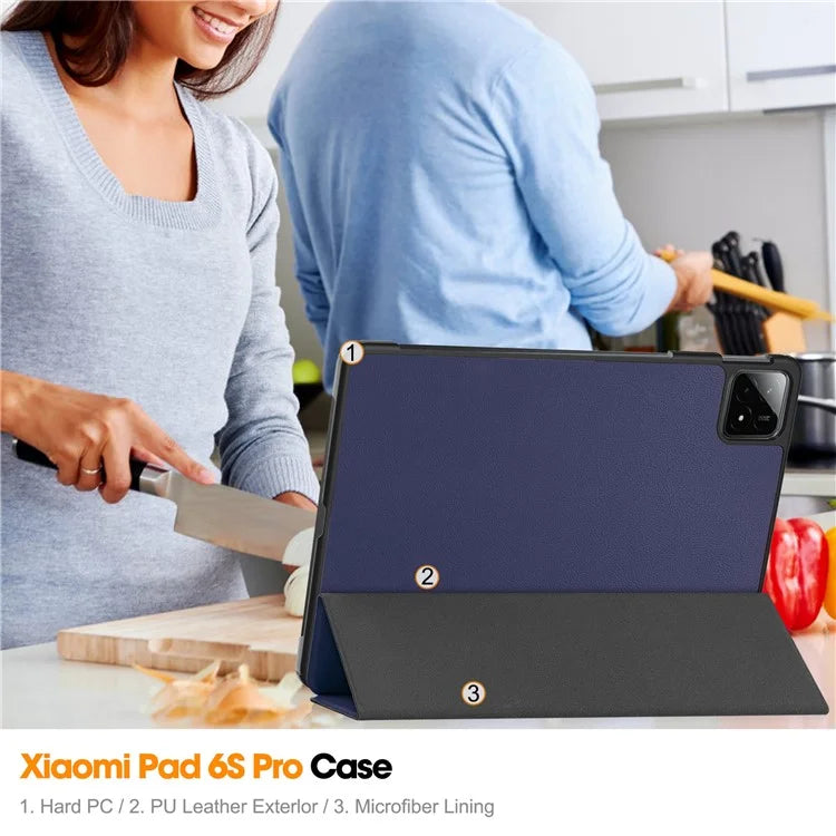 For Xiaomi Pad 6S Pro 12.4 Leather Case Tri-fold Stand Auto Wake / Sleep Smart Shell