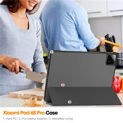 For Xiaomi Pad 6S Pro 12.4 Leather Case Tri-fold Stand Auto Wake / Sleep Smart Shell