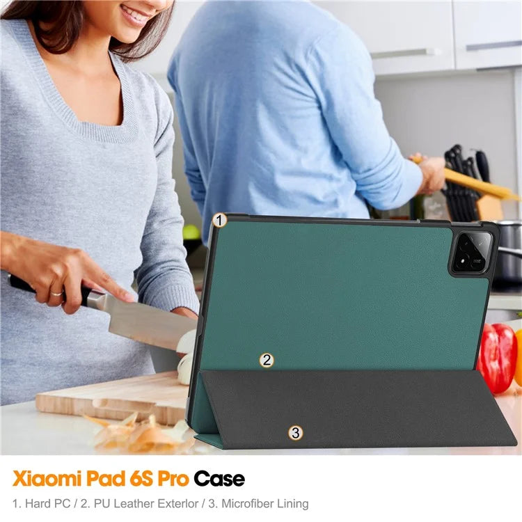 For Xiaomi Pad 6S Pro 12.4 Leather Case Tri-fold Stand Auto Wake / Sleep Smart Shellish Green