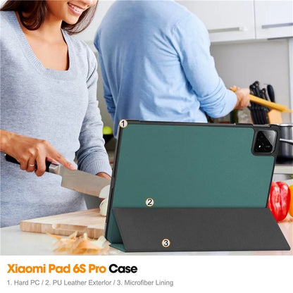 For Xiaomi Pad 6S Pro 12.4 Leather Case Tri-fold Stand Auto Wake / Sleep Smart Shellish Green