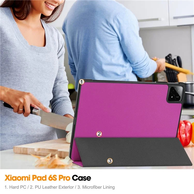 For Xiaomi Pad 6S Pro 12.4 Leather Case Tri-fold Stand Auto Wake / Sleep Smart Shell