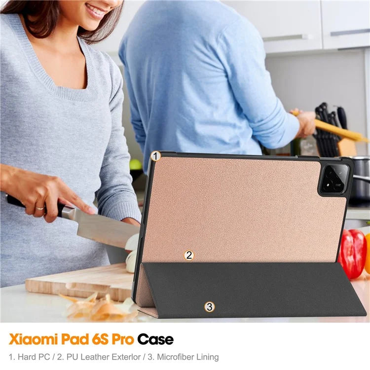 For Xiaomi Pad 6S Pro 12.4 Leather Case Tri-fold Stand Auto Wake / Sleep Smart Shell